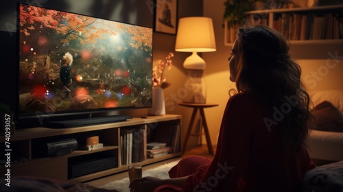 Woman Sitting on Couch in Front of TV
