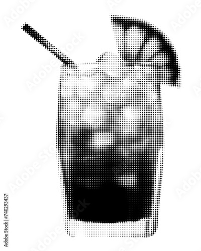 Summer drink halftone collage element. Lemonade, fruit cocktail, cold beverage. Grunge cut out dotted sticker, ideal for branding, packaging, prints. Trendy modern retro vector illustration