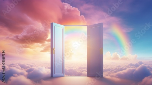 Open doors leading to rainbow in the sky. Concept of hope, dreams, positivity, new horizons, freedom, the unknown, mystery, and wonder.