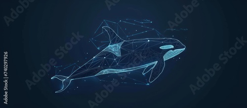 glowing low poly Orca whale Design on dark blue background