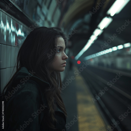Jeune femme attendant le métro dans une atmosphère inquiétante