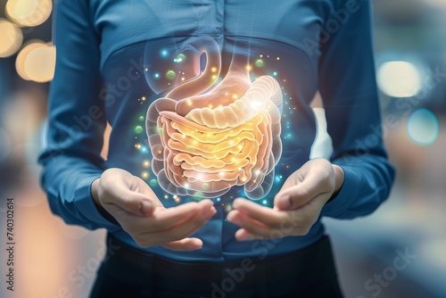 a person holding their hands over their stomach with an illustration of intestines super imposed over top, representing a healthy gut flora