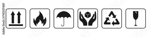 Common packaging. Warning symbol set. Fragile, recycle, handle with care, Indoor use only. Vector