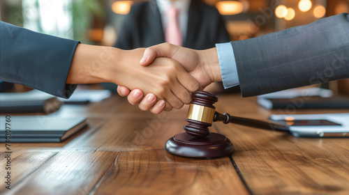 Professional handshake over gavel in a legal setting, concept of law and agreement
