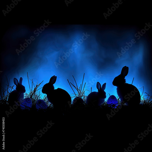 Easter bunnies silhouettes in the grass with blue smoke background
