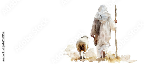 Shepherd Jesus Christ Taking Care of One Missing Lamb Watercolor Illustration Banner