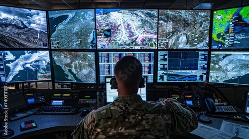 A focused soldier, surrounded by digital chaos, diligently monitors and transmits crucial information while his uniform exudes authority and purpose in the controlled indoor environment