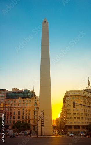 Obelisk of Buenos Aires, Argentina at Sunset. Golden hues paint the sky behind Buenos Aires' iconic Obelisk, creating a breathtaking image. 