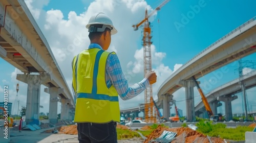 Professional engineer supervising urban bridge construction, infrastructure design and development