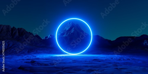 3d render. Abstract background. Blue neon ring glowing over the futuristic landscape. Rocky mountain under the night sky. Fantastic extraterrestrial scenery with electric round portal