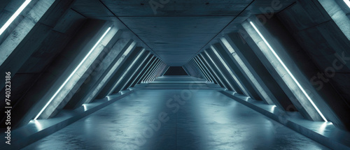Concrete underground tunnel background, modern corridor with sloped walls and led light, perspective of empty futuristic warehouse or garage. Concept of hall, room, interior, hangar