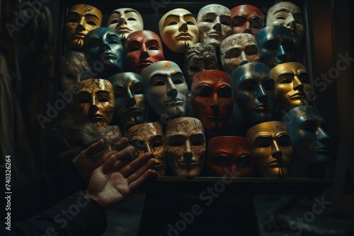 Fake emotion, character roles, intricate interplay of masks, moods, psychological defense mechanisms performed role-playing, concealing false visage for defense, theater Psychology psychoanalysis