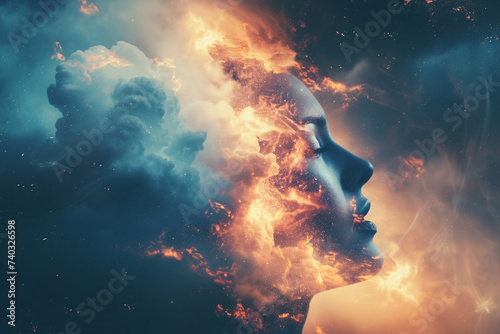 Burnout at work concept, a woman's head surrounded by smoke and flames, depicting the stress she's enduring at work