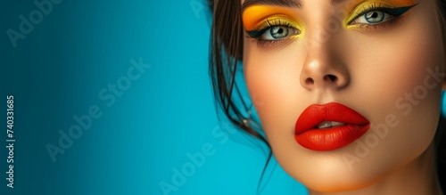 Seductive woman with vibrant makeup and striking red lipstick, a bold and glamorous beauty look