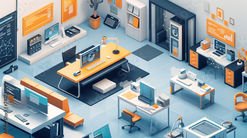 A sleek, isometric view of a product design studio, with prototypes on display, collaborative workspaces, and a clean, modern aesthetic, reflecting innovation and creativity.