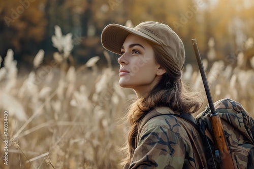 A woman standing in a field with a rifle, ready for hunting.