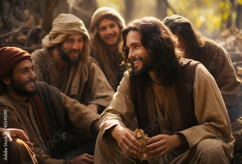 In serene tableau, Jesus Christ and disciples gather, radiating divine harmony. Scene captures essence of spiritual teachings and the sacred camaraderie among these central figures of Christian faith.