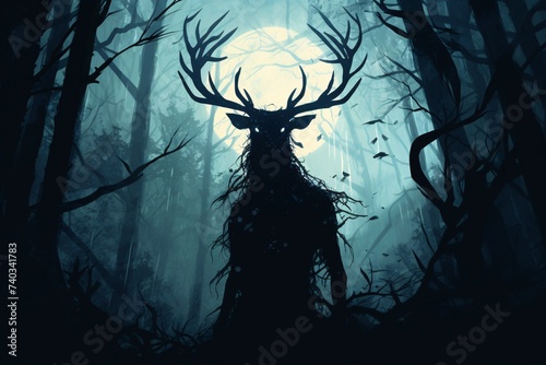 Illustration d'un Wendigo dans une forêt une nuit de pleine lune » IA générative