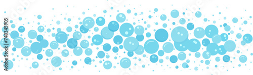 Cartoon soap bubble water, blue foam background, carbonated border, abstract suds pattern. Effervescent air ball stream. Soda pop, fizzy drinks, bath shampoo splash. Vector illustration