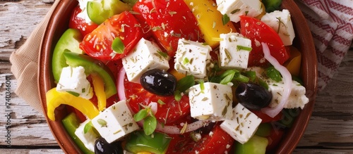 A complete and nutritious Greek salad featuring a bowl filled with fresh vegetables, including green peppers, tomatoes, black olives, and feta cheese, making it an ideal choice for a light and quick