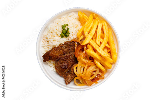 rice, beans, french fries and beef steak