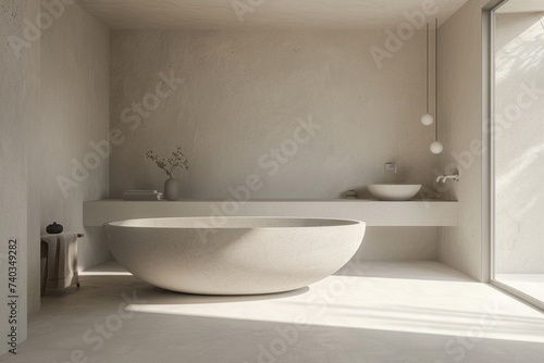A minimalist bathroom with a sleek and modern design. The space features a large soaking tub and a floating vanity, both made of polished concrete. The walls are painted in a soft white, generative ai