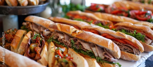 Assorted delicious sandwiches served on a wooden table for lunchtime feast and mealtime enjoyment