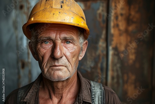 Vieil ouvrier aux yeux bleus casque jaune » IA générative