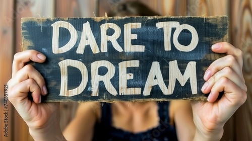 Woman holds sign saying dare to dream on blurred background for motivation and success.
