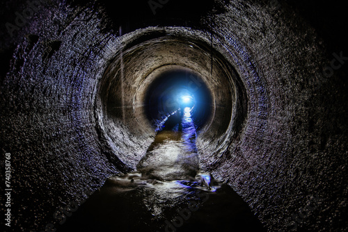 Dirty sewage flowing in round underground sewer tunnel