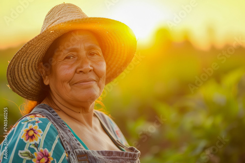 Latina female farmer with straw hat against blurred sunset background, food production concept