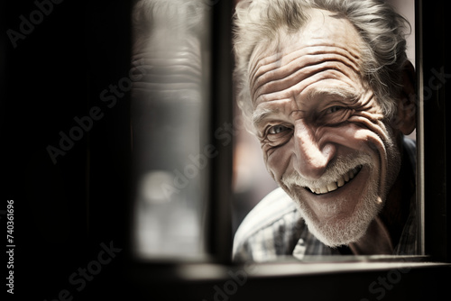 Mann reflektiert in Fensterscheibe, Reflektion in Glas, lachender Mann, Lächeln