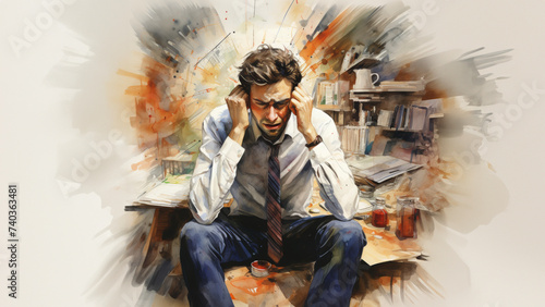Illustration of businessman very stressed out, Overworked, burned out and stressed businessman worker sitting at office desk table with lot of files paperwork and documents in the background.