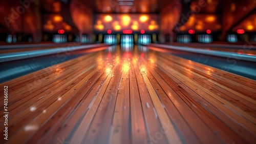 Bowling lane view highlighting the polished wooden floor and pins at the end under warm lights