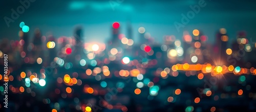 A majestic cityscape with automotive lighting creating a colorful glow against the night sky, showcasing a metropolis on the horizon. The citys skyline is blurred, resembling a painting in motion