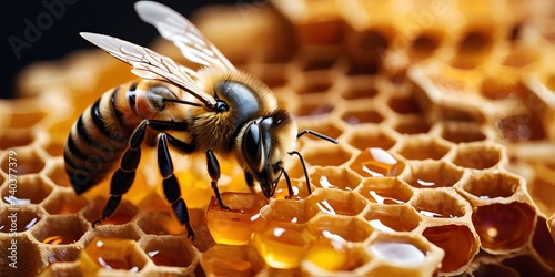 A closeup of a honeybee, a membranewinged insect and important pollinator, on a honeycomb inside a beehive