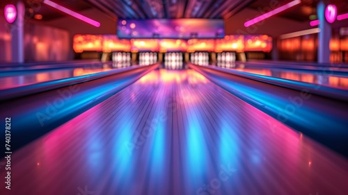 Neon lights cast vibrant glows on bowling alley lanes during cosmic play