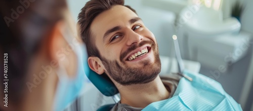 Joyful man receiving dental check-up with a bright smile at the dentist office