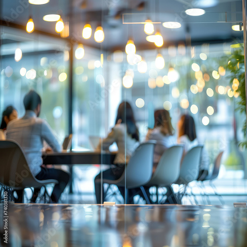 Blur office meeting blurred background with business people working group in boardroom discussion, executive seminar or professional training in enterprise