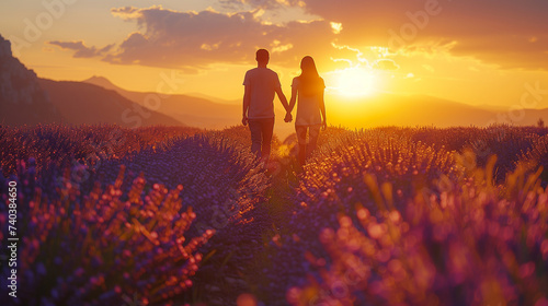 a couple walking in a lavender field at sunset, man and woman on vacation in France Provence Valensole