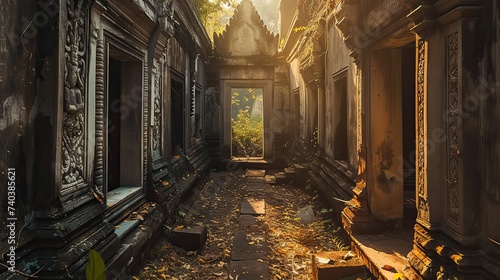 Abandoned city, Bangkok, ruined buildings, ruined temples, high view, beautiful light.