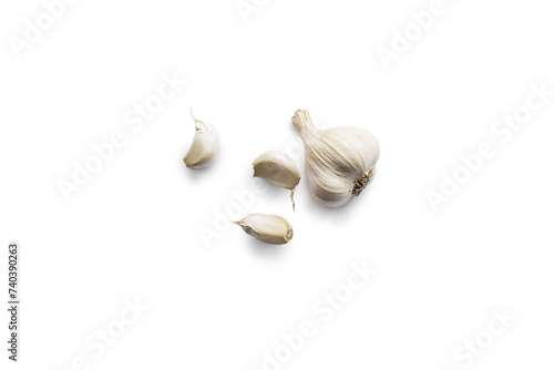 Clove of white garlic seen from above on a transparent background with shadow from above, top view, png