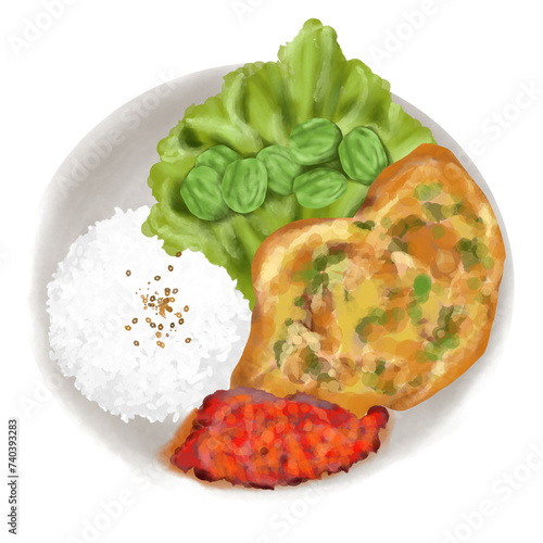 illustration of white rice with pete chili sauce