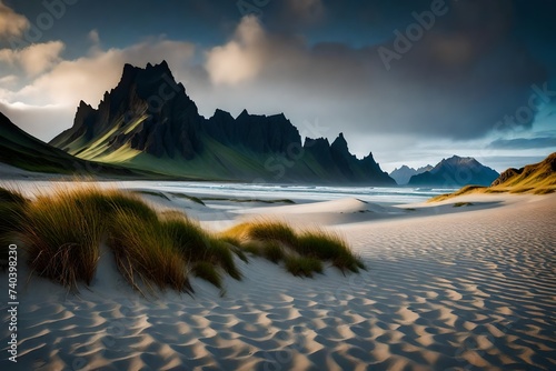 Sand dunes on the Stokksnes on southeastern Icelandic coast with Vestrahorn 
