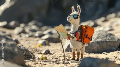 Cartoon digital avatar of Alpacapone, the experienced llama trekking guide equipped with a map and hiking gear, leading adventurers through the rugged terrain.