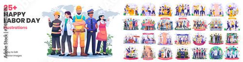 Mega Collection of Labor Day Illustrations. A Group of People in Various Professions Celebrates International Labour Day on 1st May. Set Workers Day Illustration
