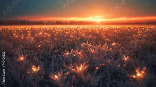 A barren field transformed into a sparkling wonderland as millions of frost particles settle and grow in intricate crystal formations.
