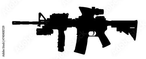 Silhouette image of AR assault rifle weapon with red dot sign and accessories isolated on white background