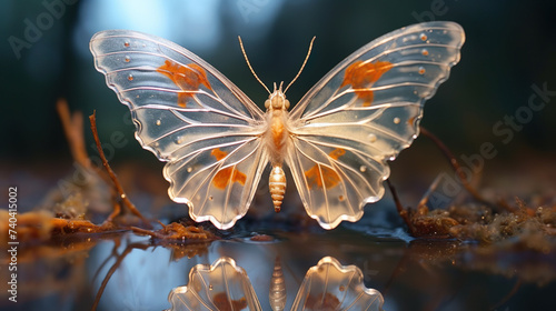 Realistic macro shot of a mirror butterfly (Greta oto), a type of moth in the family Nymphalidae with transparent wings