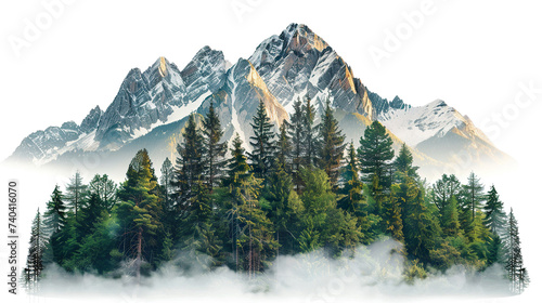 mountain with pine trees, isolated on white background PNG